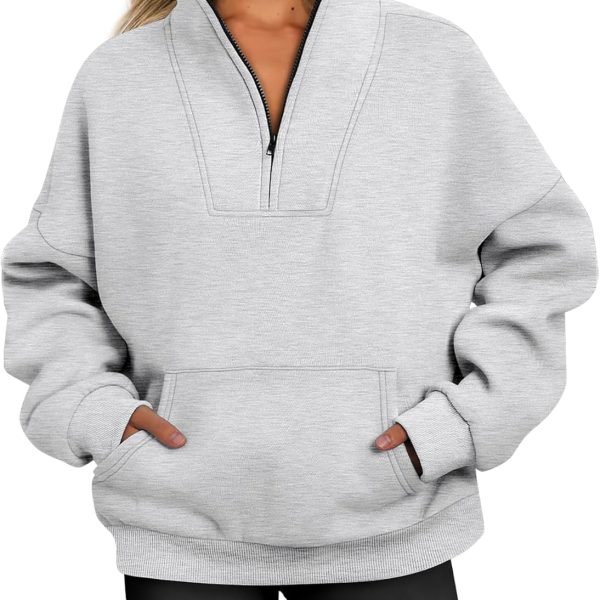 Jhsnjnr women's Quarter Zip Jumpers Fleece Lined Pullover Sweater Tops Plain Oversized Sweatshirts