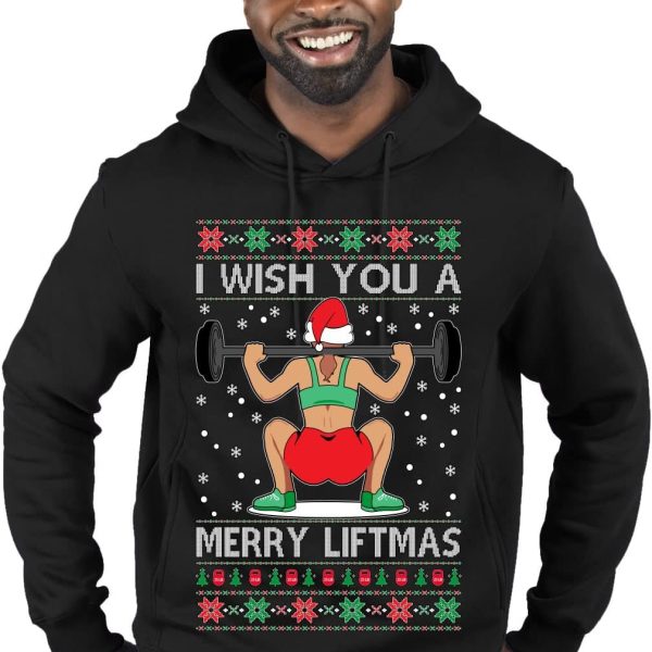 سويت شيرت بقلنسوة مطبوع عليه عبارة I Wish You A Merry Liftmas Woman للتمارين الرياضية والكريسماس القبيح، لون اسود، مقاس M
