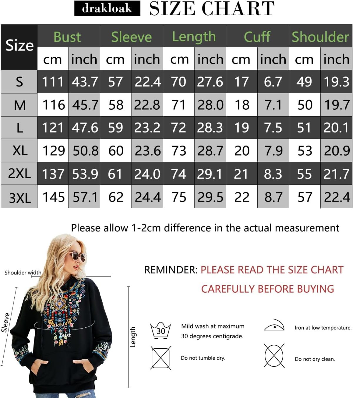 1748930957 drakloak Womens Hoodie with Embroidery Bohemian Long Sleeve Basic Hoodie Sweatshirt Autumn Winter Top Jumper