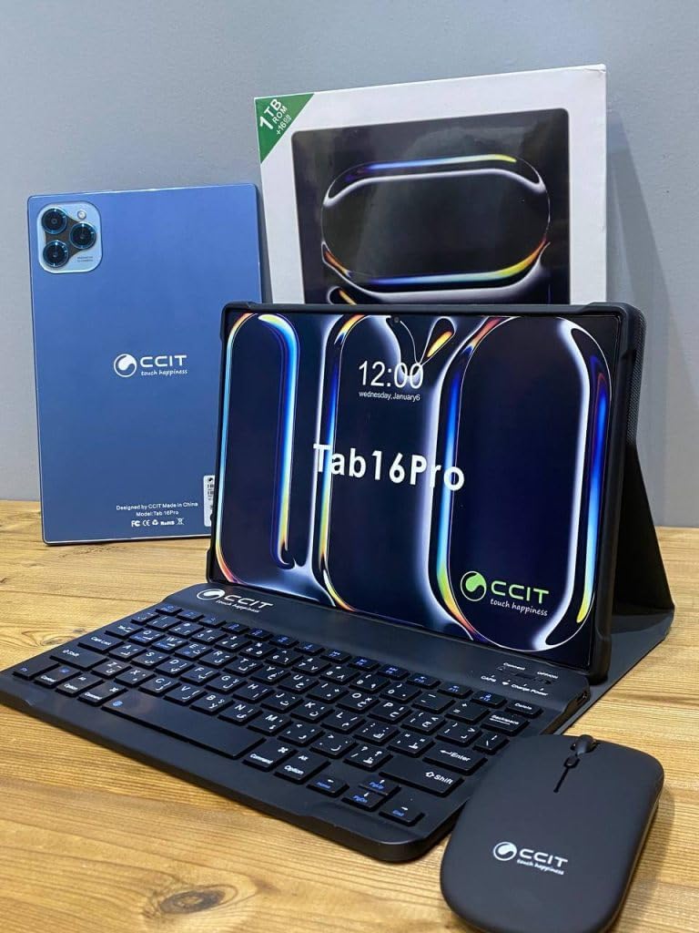 تابلت CCI Tab 16 Pro بشاشة 10.1 بوصات HD I يعمل بنظام Android وذاكرة وصول عشوائي 16 جيجابايت وذاكرة قراءة فقط 1 تيرابايت وبطارية 10000 مللي أمبير في الساعة مع لوحة مفاتيح وملحقات باللون الأزرق