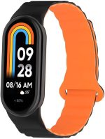 KASTWAVE Strap for Xiaomi Mi Band 8/Mi Band 9, Stainless Steel Replacement Strap Watch Wrist Band, Securely Clasped Design for Xiaomi Mi Fit Band 9/8 Band (Black Orange)