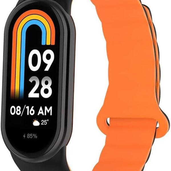 KASTWAVE Strap for Xiaomi Mi Band 8/Mi Band 9, Stainless Steel Replacement Strap Watch Wrist Band, Securely Clasped Design for Xiaomi Mi Fit Band 9/8 Band (Black Orange)