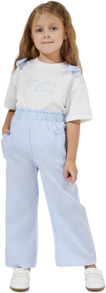 STYLI Girls Slogan Print Oversized T-Shirt & Striped Pants Set