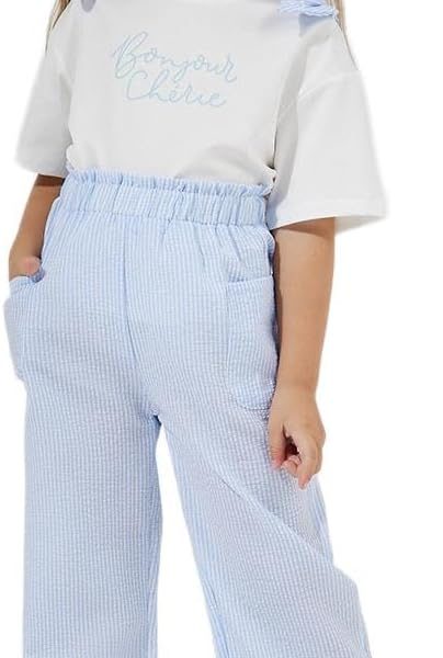 STYLI Girls Slogan Print Oversized T-Shirt & Striped Pants Set