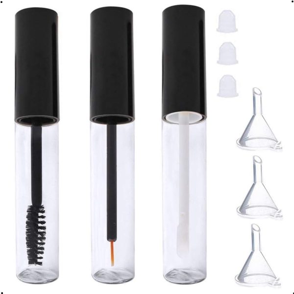 X spring Empty Mascara Tube, 3pcs 10ml Premium Eyelash Cream Container Bottle with Eyelash Wand, Eyeliner Tube and Lip Gloss Tubes with Mini Funnels and Leak Stoppers for Lip Gloss, Eyebrow Serum