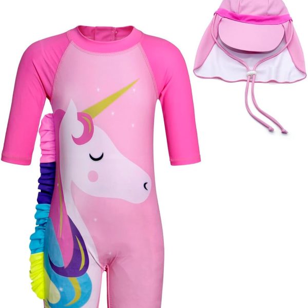 KumSoomliy Girls Swimming Costume Kids One Piece Swimsuit Unicorn Swimwear Zipper Bathing Suit Surfing Swimming Rash Guard Swim Outfit Wetsuit Age 1-8 Years