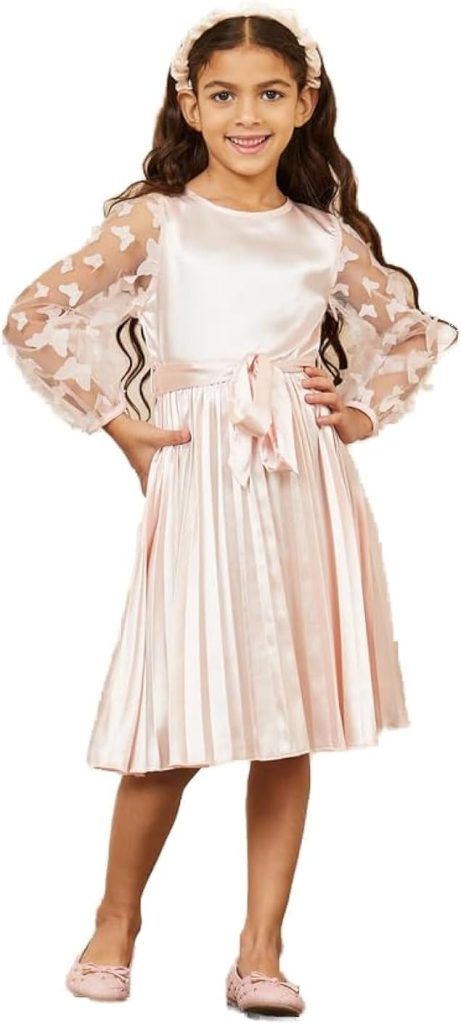 Styli Girls Butterfly Mesh Sleeves Satin Pleated Dress With Self Tie Up