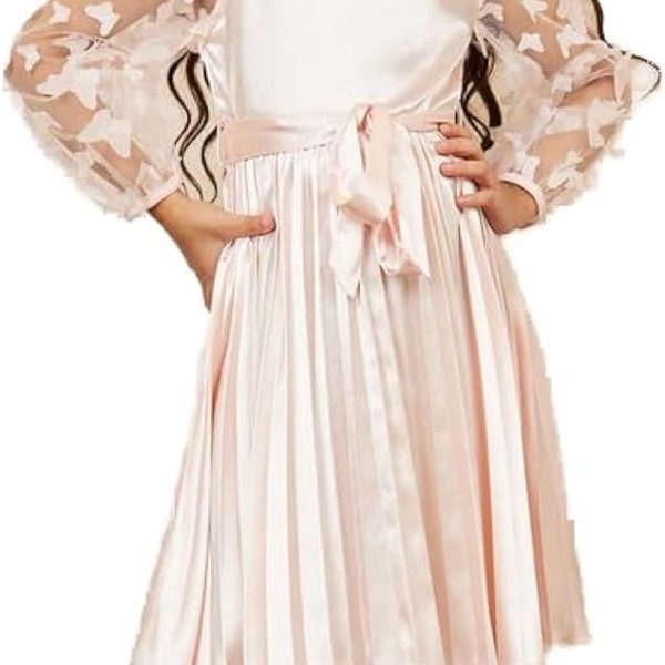 Styli Girls Butterfly Mesh Sleeves Satin Pleated Dress With Self Tie Up