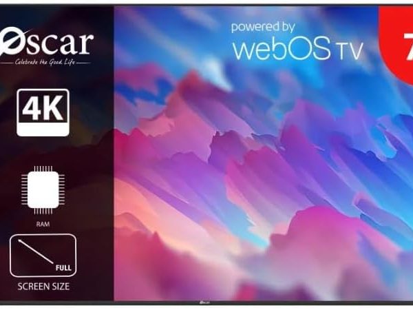 تلفزيون ذكي 75 بوصة بدقة 4K UHD ونظام تشغيل ويب او اس، تصميم بدون اطار مع جهاز تحكم عن بعد، اسود من اوسكار