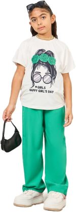 طقم تيشيرت مطبوع عليه شعار Happy Girl's Day وبنطلون بارجل واسعة للبنات من ستايلي