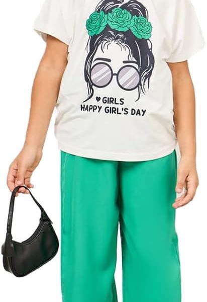 طقم تيشيرت مطبوع عليه شعار Happy Girl's Day وبنطلون بارجل واسعة للبنات من ستايلي