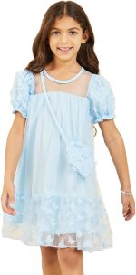 Styli Girls Butterfly Applique Puff Sleeve Dress with Bag