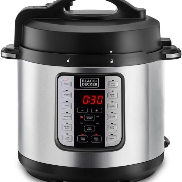 BLACK+DECKER EZ Smart Steam Pot, 1000W Multi-Cooker, 7-in-1 Programmable Electric Pressure Cooker, 6.0L Capacity, Digital LED Display, Overheating Protection, Delay Timer, Black/Silver, PCP1000-B5