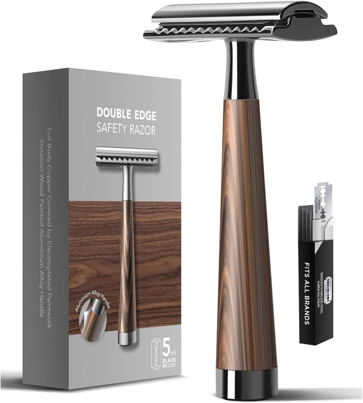 Double Edge Manual Razor, Safety Razor Set for Men Men Shaving Tools Faux Wood Zinc Alloy Handle Razor with 10 Swiss Stainless Steel Blades