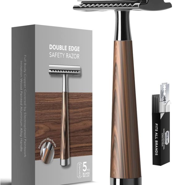 Double Edge Manual Razor, Safety Razor Set for Men Men Shaving Tools Faux Wood Zinc Alloy Handle Razor with 10 Swiss Stainless Steel Blades