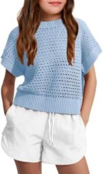Haloumoning Girls Short Sleeve T Shirt Crewneck Knit Crop Top Hollow Out Pullovers Sweater 5-14 Years