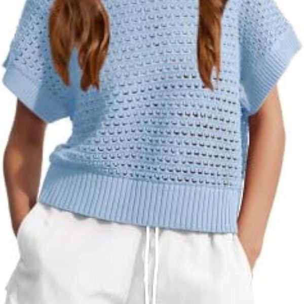 Haloumoning Girls Short Sleeve T Shirt Crewneck Knit Crop Top Hollow Out Pullovers Sweater 5-14 Years