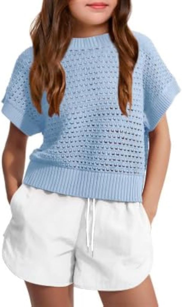 Haloumoning Girls Short Sleeve T Shirt Crewneck Knit Crop Top Hollow Out Pullovers Sweater 5-14 Years