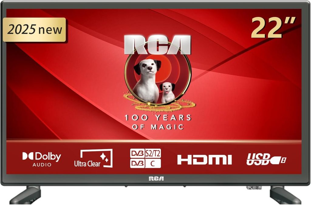 RCA تلفزيون E22 22 بوصة LED FHD (1920 × 1080) 55 سم للسيارة والشاحنة والقارب، صوت دولبي، موالف ثلاثي، توصيلات VGA/HDMI/USB، 2025 [فئة كفاءة الطاقة E]