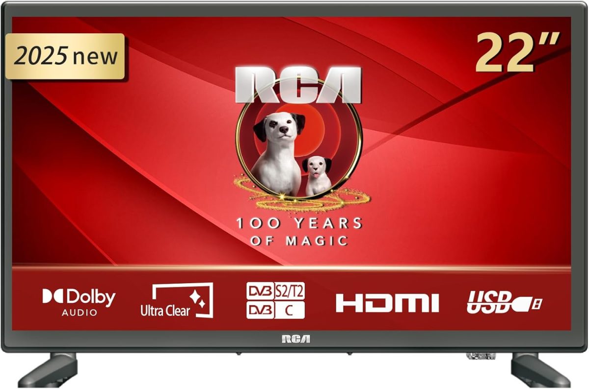 RCA تلفزيون E22 22 بوصة LED FHD (1920 × 1080) 55 سم للسيارة والشاحنة والقارب، صوت دولبي، موالف ثلاثي، توصيلات VGA/HDMI/USB، 2025 [فئة كفاءة الطاقة E]