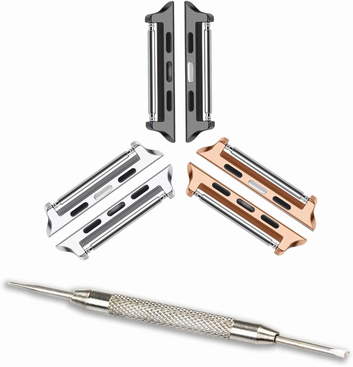 KASTWAVE Watch Strap Connector Compatible with Apple Watch Band with Replacement Tool, Stainless Steel Adapter Replaceable Metal Connection Adapter Connection Watch Strap, Three Colors (3 Pack)