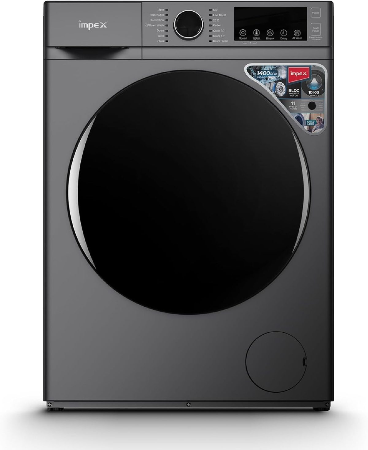 Impex 10 Kg Front Load Washing Machine | AI Wash | 11 Preset Menus | LED Display | Child Lock | Temperature & Speed Control | Status Indicator | 64L Drum Volume | Waterproof Glass | Grey | WM1000FS