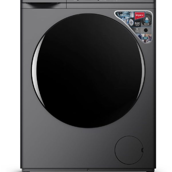 Impex 10 Kg Front Load Washing Machine | AI Wash | 11 Preset Menus | LED Display | Child Lock | Temperature & Speed Control | Status Indicator | 64L Drum Volume | Waterproof Glass | Grey | WM1000FS