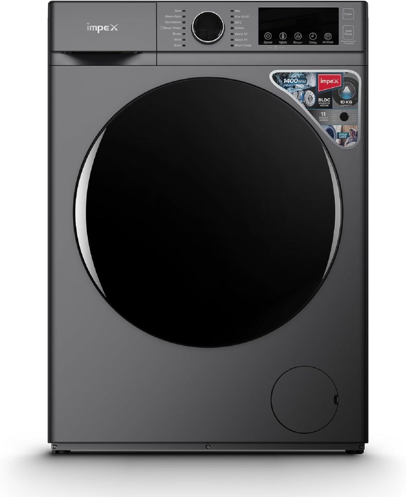 Impex 10 Kg Front Load Washing Machine | AI Wash | 11 Preset Menus | LED Display | Child Lock | Temperature & Speed Control | Status Indicator | 64L Drum Volume | Waterproof Glass | Grey | WM1000FS
