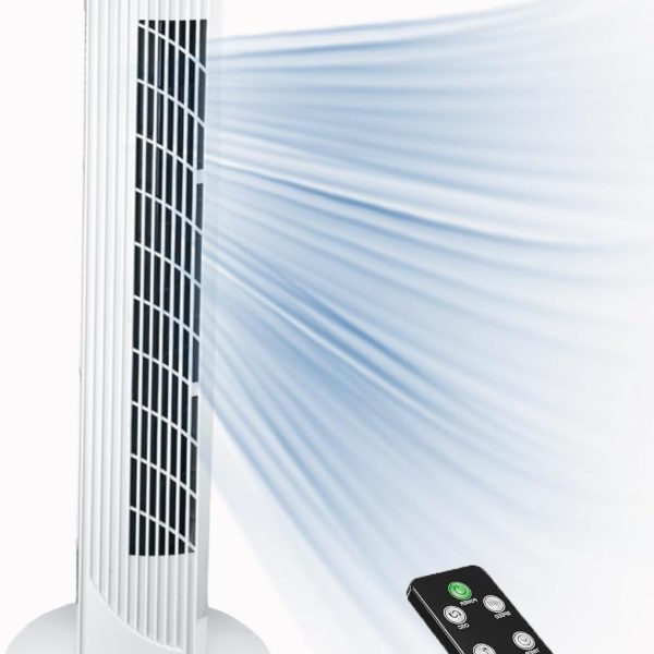 AUTOYSUR Tower Fan with Remote, 90° Oscillation Bladeless Standing Fan, Pedestal Floor Fan with 3 Speeds, 3 Modes, 12H Timer for Home, Office, Indoor (White)