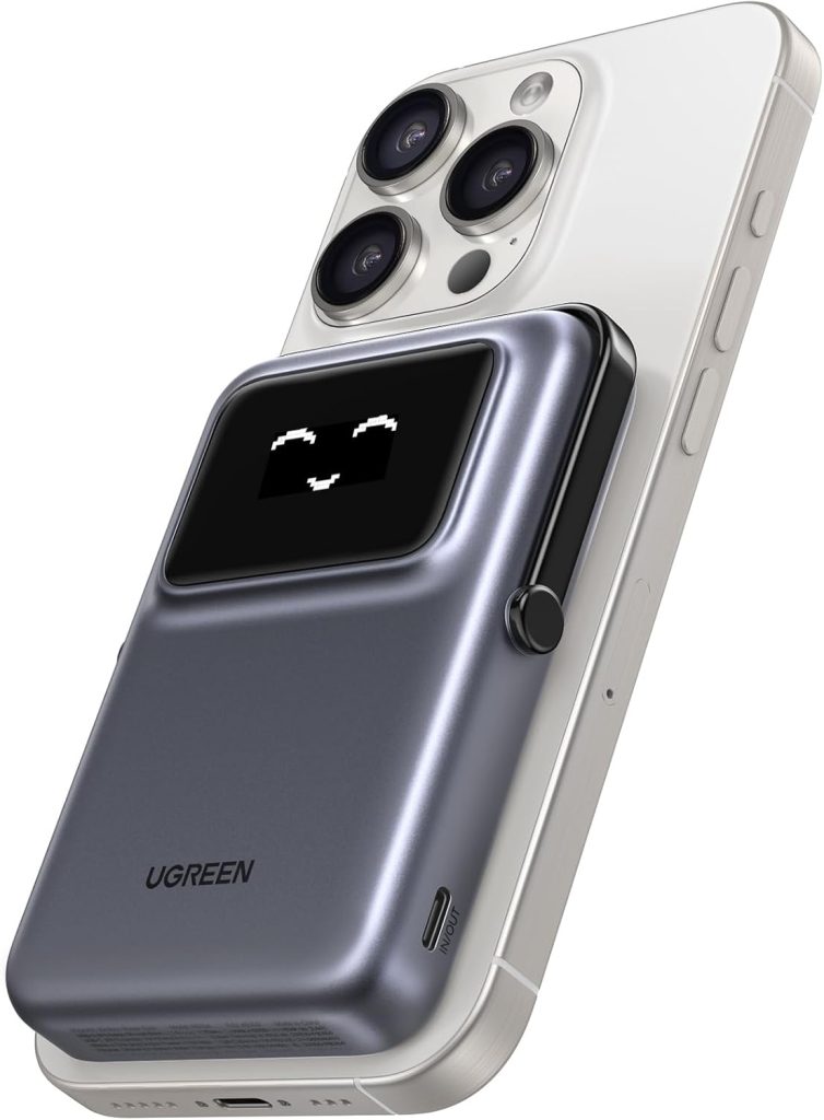 UGREEN UNO Wireless Power Bank Fast Charging 10000mAh Portable Magnetic Mobile Phone PD20W with Foldable Stand and TFT Display MagSafe Battery Pack Compatible with iPhone 12-16 Series, Black