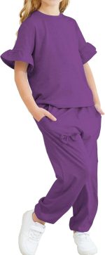 Jimonda Kids Girls Outfits Ruffle Sleeve T-Shirt and Pants Set with Side Pockets Clothing Set 2 Piece 4-13 Years Old