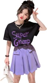 Girls' Two-Piece Summer Set, Graphic Print T-Shirt with Pleated Purple Skirt, Elastic Waist, Japanese anime pleated skirt, cute casual suit, suitable for 5-14 years old