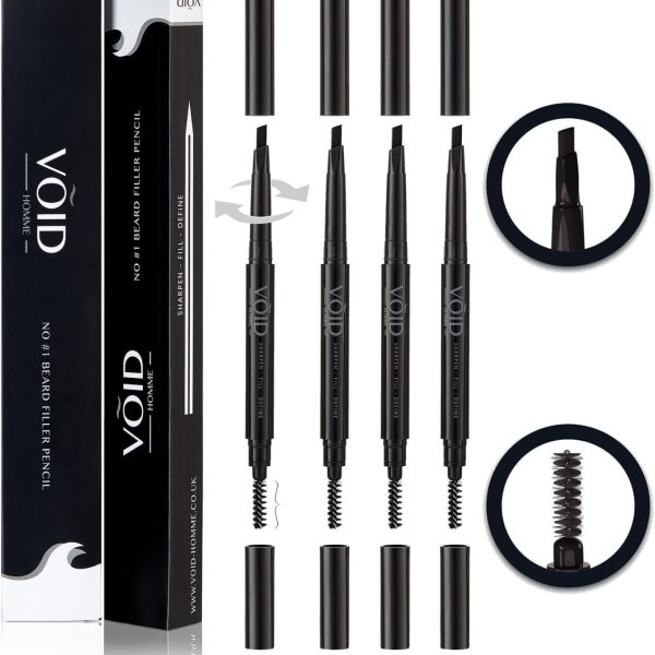 VOID Homme Beard Pencil Filler for Men (Black, Set of 4) - Instant Full Beard Pen Kit with Easy Liner and Waterproof Filling Pencil