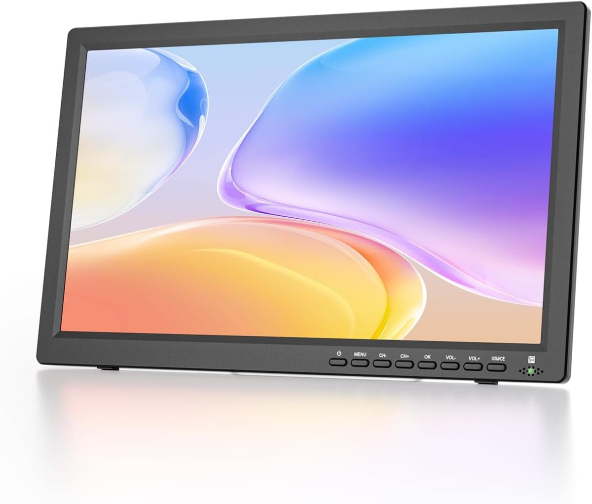 تلفزيون محمول 19 بوصة مع هوائي فريفيو وشاشة LED صغيرة 1080P ومدخل HDMI ومدخل AV ومنفذ USB وحامل مدمج للكارافان والمنزل المتنقل والمطبخ وغرفة النوم (بدون بطارية)