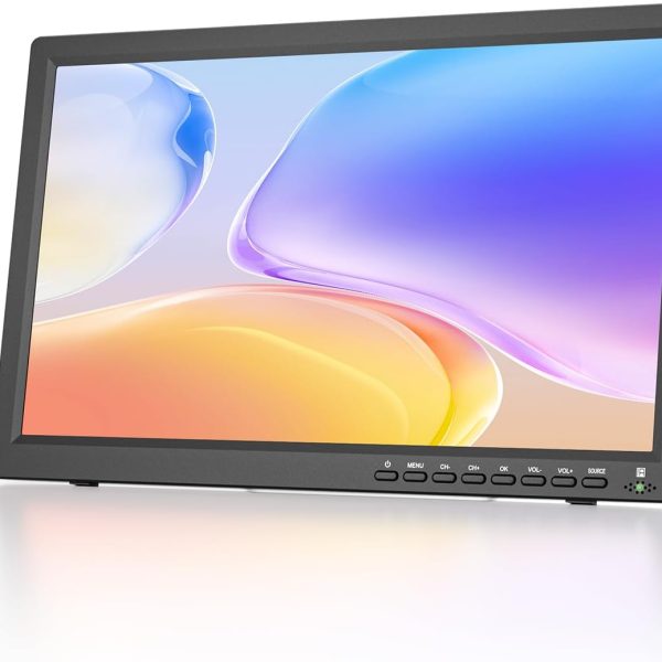 تلفزيون محمول 19 بوصة مع هوائي فريفيو وشاشة LED صغيرة 1080P ومدخل HDMI ومدخل AV ومنفذ USB وحامل مدمج للكارافان والمنزل المتنقل والمطبخ وغرفة النوم (بدون بطارية)