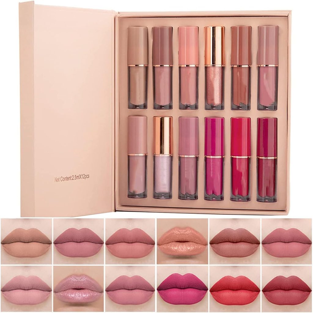 12 Colors Book Style Velvet Matte Liquid Lipstick Christmas Gift Set Long-Lasting Non-Stick Cup Not Fade Shimmer Nude Lip Gloss Thanks For the Love Lip Set (Set A)