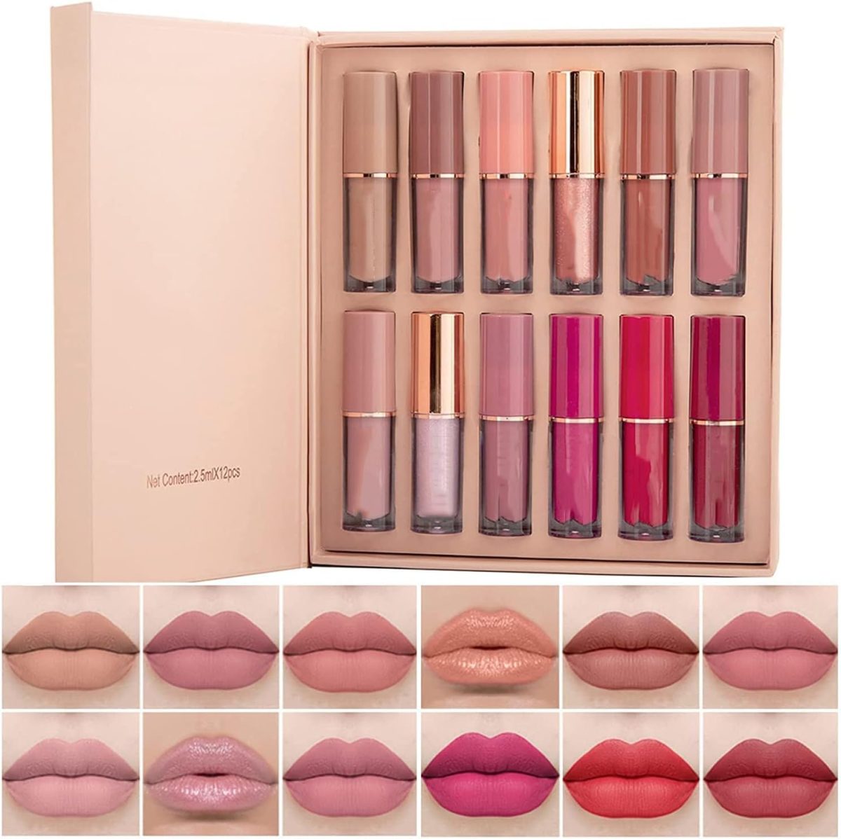 12 Colors Book Style Velvet Matte Liquid Lipstick Christmas Gift Set Long-Lasting Non-Stick Cup Not Fade Shimmer Nude Lip Gloss Thanks For the Love Lip Set (Set A)