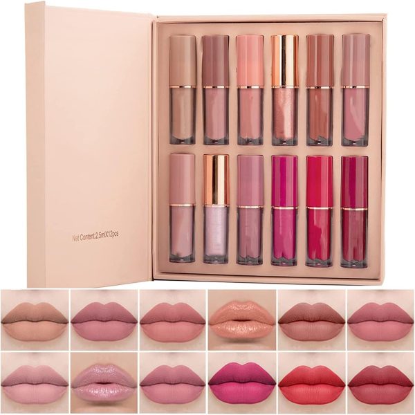12 Colors Book Style Velvet Matte Liquid Lipstick Christmas Gift Set Long-Lasting Non-Stick Cup Not Fade Shimmer Nude Lip Gloss Thanks For the Love Lip Set (Set A)
