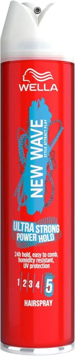 Wella New Wave Ultra Strong Power Hold Hairspray – 24-Hour Hold, Humidity Resistant, Non-Sticky, Easy to Brush Out – 250ml