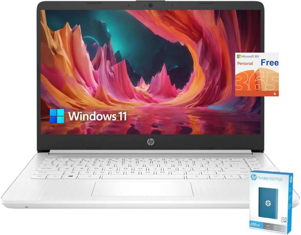 HP احدث ستريم 14 انش HD، معالج انتل سيليرون، ذاكرة 16GB، ذاكرة اي ام ام سي 64GB، شحن سريع، HDMI، عمر بطارية طويل يصل الى 11 ساعة، اوفيس 365 لمدة عام، ويندوز 11 اس، حزمة من المايكروفايبر، ابيض