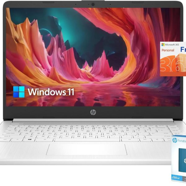 HP احدث ستريم 14 انش HD، معالج انتل سيليرون، ذاكرة 16GB، ذاكرة اي ام ام سي 64GB، شحن سريع، HDMI، عمر بطارية طويل يصل الى 11 ساعة، اوفيس 365 لمدة عام، ويندوز 11 اس، حزمة من المايكروفايبر، ابيض
