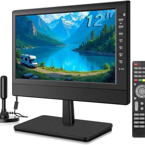 زوشينغ شاشة تلفزيون صغيرة 12 بوصة 1080P مع استقبال حر وهوائي، منفذين طاقة تيار متردد/تيار مستمر 12 فولت، مدخل HDMI USB-VGA للتخييم / الشاشات / المطابخ