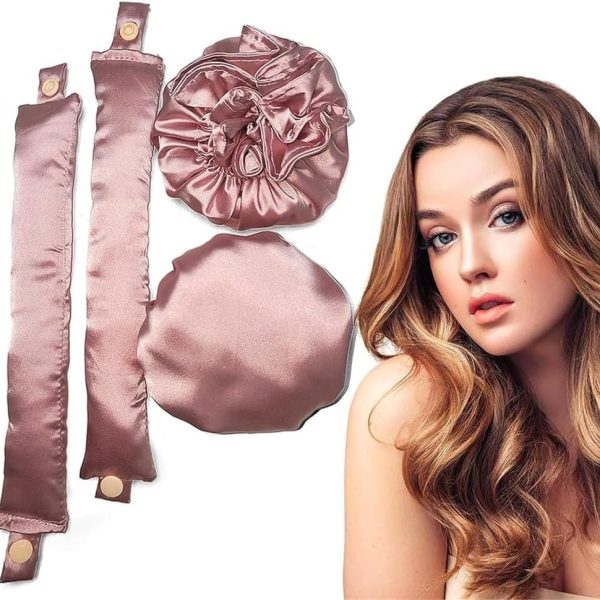 Satin Heatless Hair Curlers, Pillow Soft Rollers with Caps, No Heat Curling Rods and Headband for All Hair Types, Soft Heatless Curling Rod Headband for Long Hair and Short Hair (2 Sets, Pink)