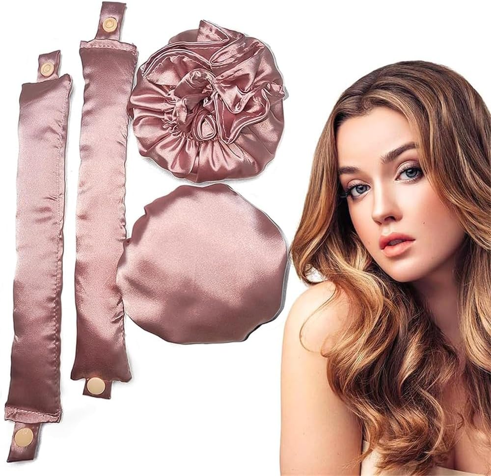 Satin Heatless Hair Curlers, Pillow Soft Rollers with Caps, No Heat Curling Rods and Headband for All Hair Types, Soft Heatless Curling Rod Headband for Long Hair and Short Hair (2 Sets, Pink)