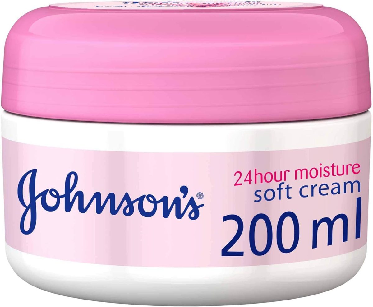 Johnson & Johnson 24 Hour Soft Moisture Body Cream, 200ml, Enriched with Shea Butter, Reduces Firmness, Flakiness & Dullness, Moisturizing Cream