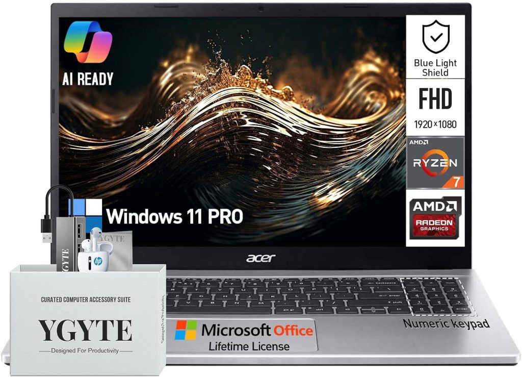 ايسر لابتوب اسباير 3 15.6 انش FHD لطلاب الجامعات والاعمال، AMD رايزن 7، ذاكرة RAM 32GB وSSD 1TB، ويندوز 11 برو، جاهز للذكاء الاصطناعي، مكتب مدى الحياة، كيبورد رقمي، منفذ ايثرنت، HDMI