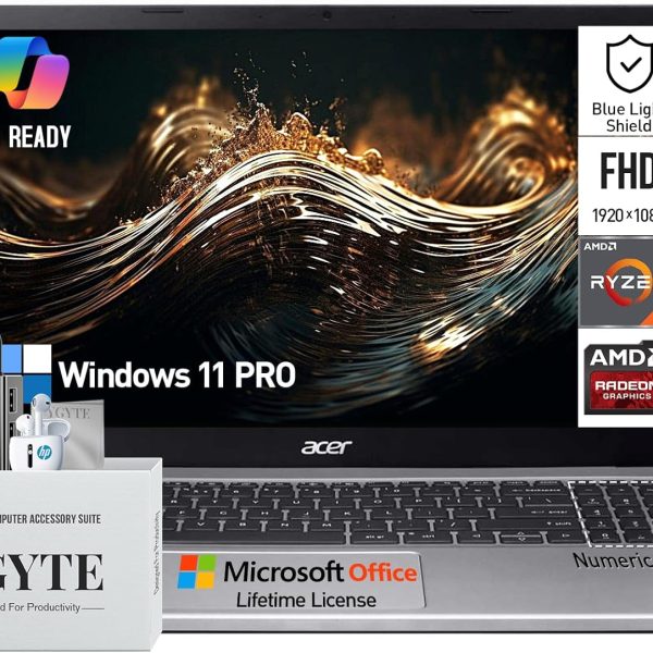 ايسر لابتوب اسباير 3 15.6 انش FHD لطلاب الجامعات والاعمال، AMD رايزن 7، ذاكرة RAM 32GB وSSD 1TB، ويندوز 11 برو، جاهز للذكاء الاصطناعي، مكتب مدى الحياة، كيبورد رقمي، منفذ ايثرنت، HDMI