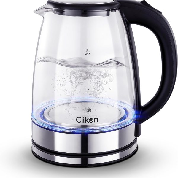 Clikon 1.8 Litre Glass Body Electric Kettle with LED Glow Indicator, Cordless, Boil Dry Protection, Smart Power Off Technology, 1500 Watts, CK5138
