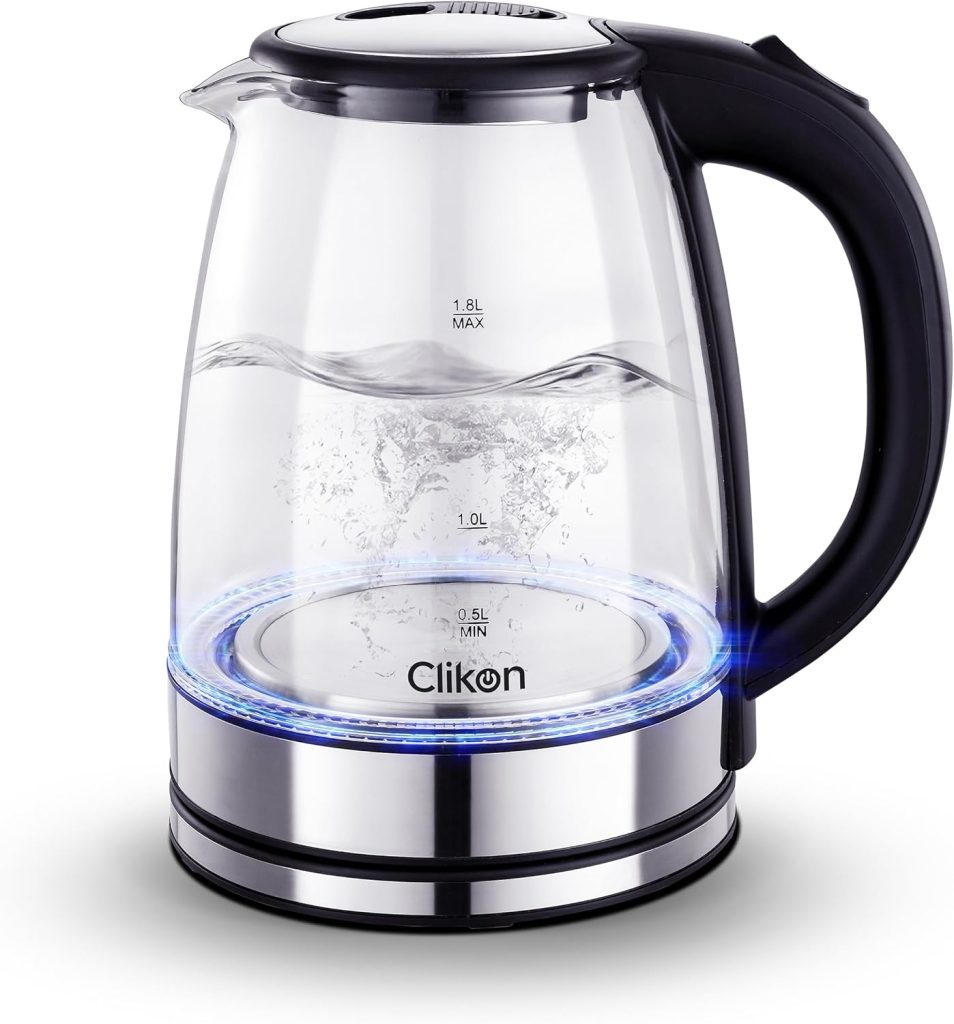 Clikon 1.8 Litre Glass Body Electric Kettle with LED Glow Indicator, Cordless, Boil Dry Protection, Smart Power Off Technology, 1500 Watts, CK5138