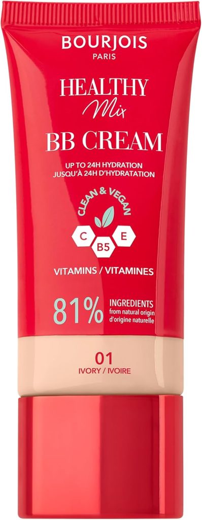 Bourjois Healthy Mix, 01 Ivory, BB Cream, Foundation in a Cream, All-day Coverage and Hydration, Vitamins C, E & B5, Clean & Vegan Formula, 30 ml (1oz)